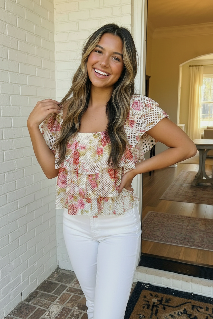 Ready with Ruffles Floral Mesh Top