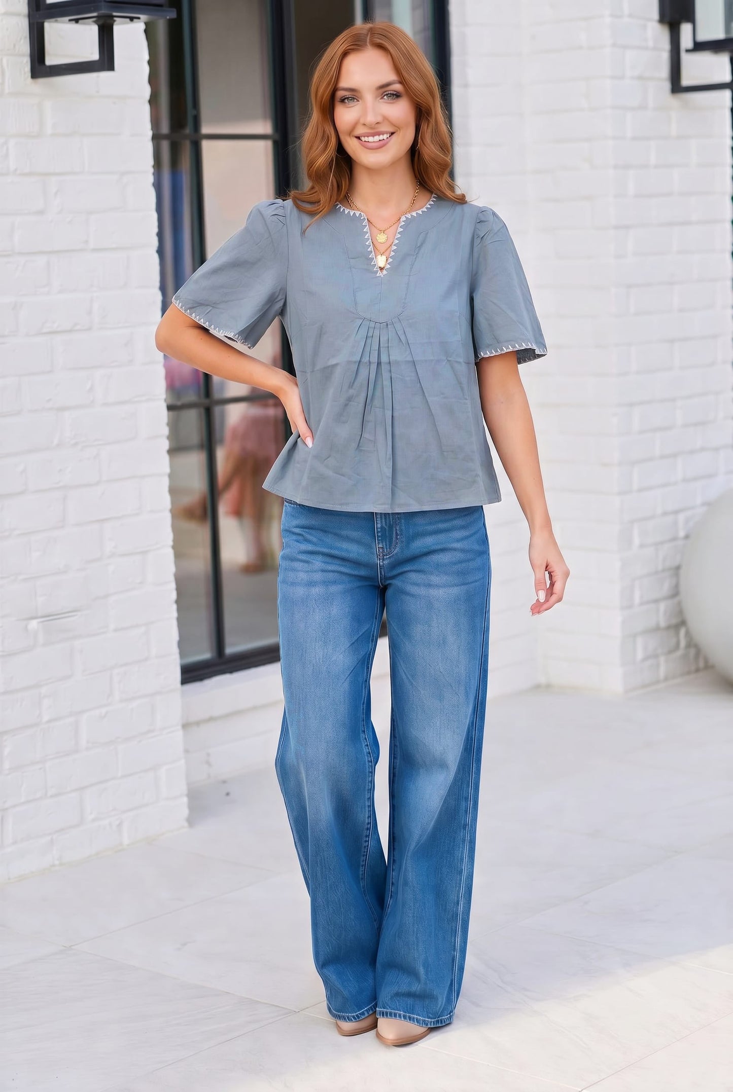 Dusty Blue Dreams Embroidered V-Neck Top