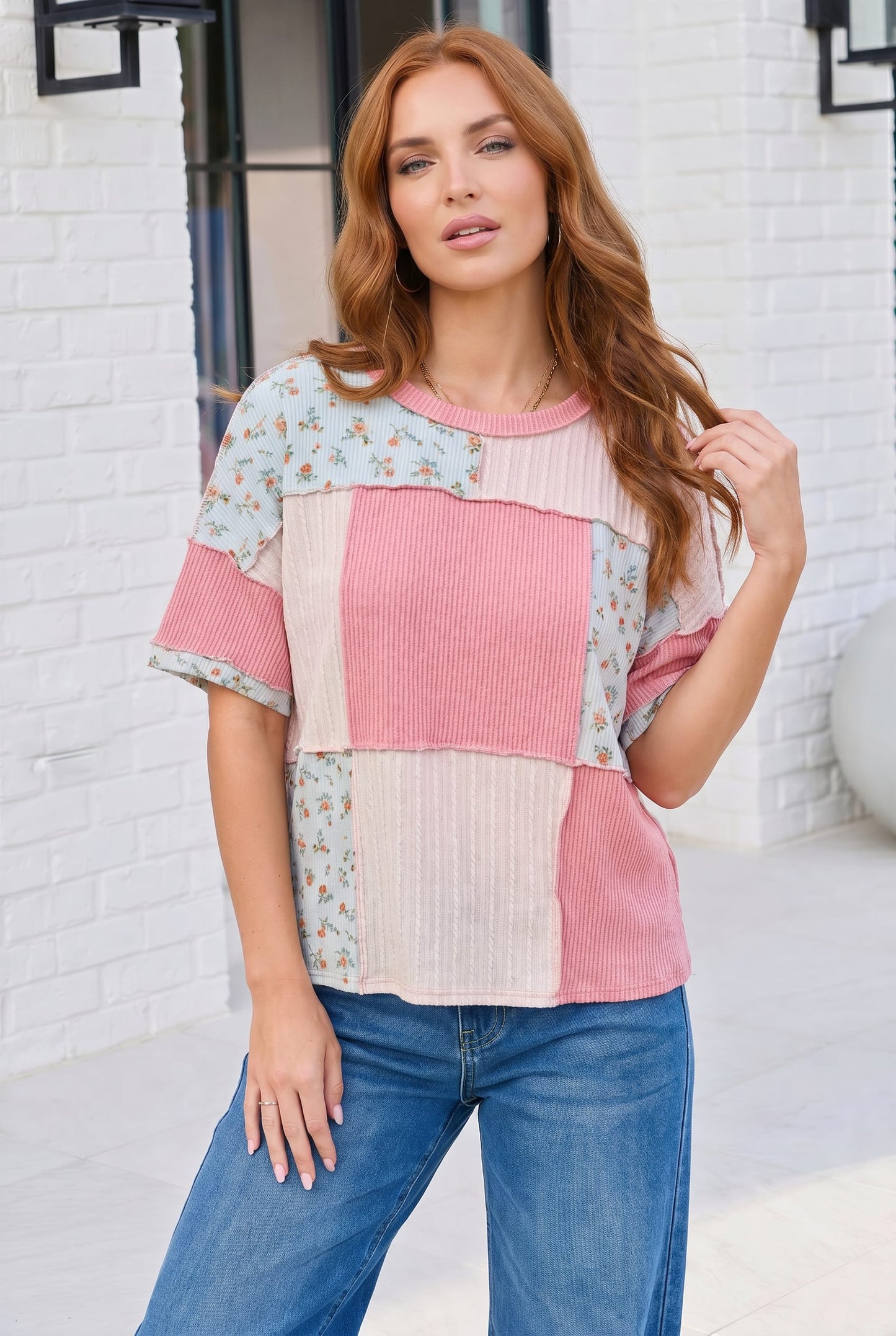 Patchwork Floral Ruffle Top in Pink and Blue