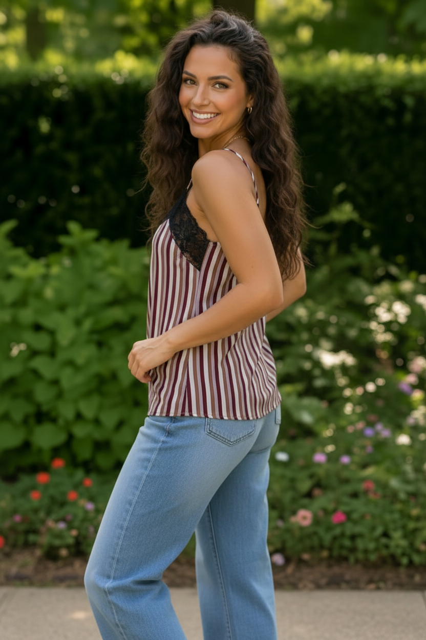Lace Trim Striped Satin Cami