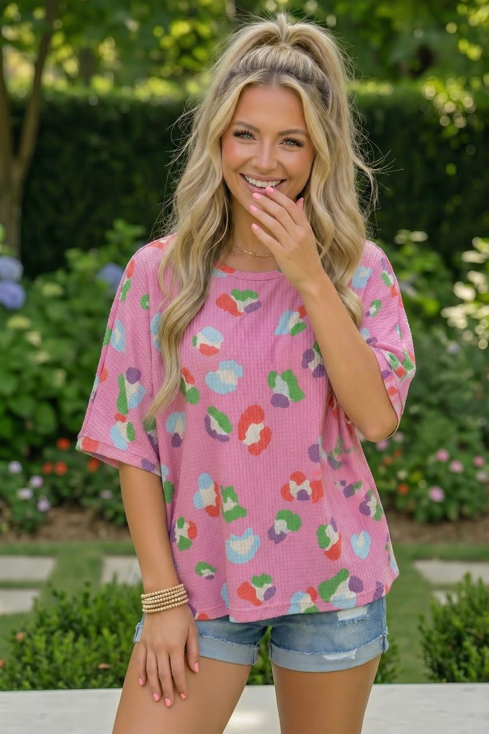 Colorful Leopard Print Waffle Knit Top in Pink