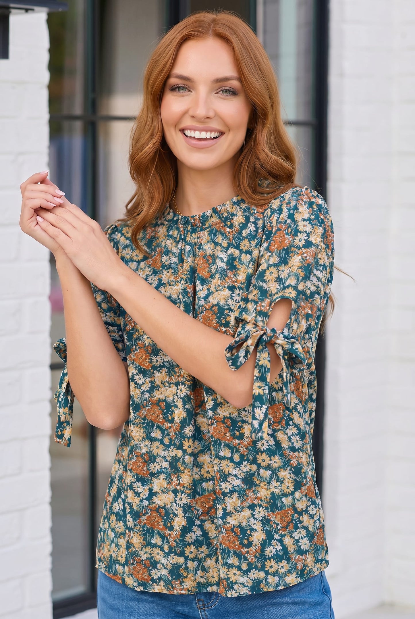 Teal Floral Tie Sleeve Blouse