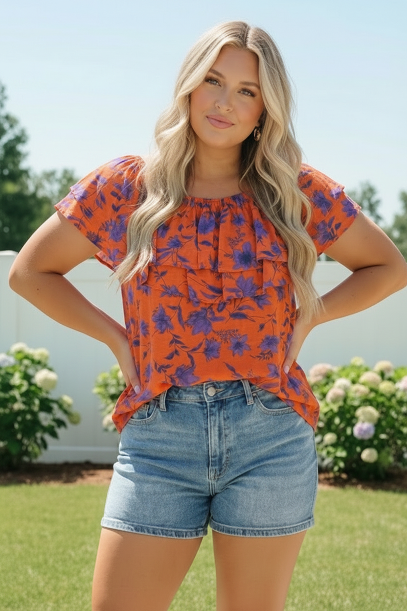 Rust Bloom Ruffle Top