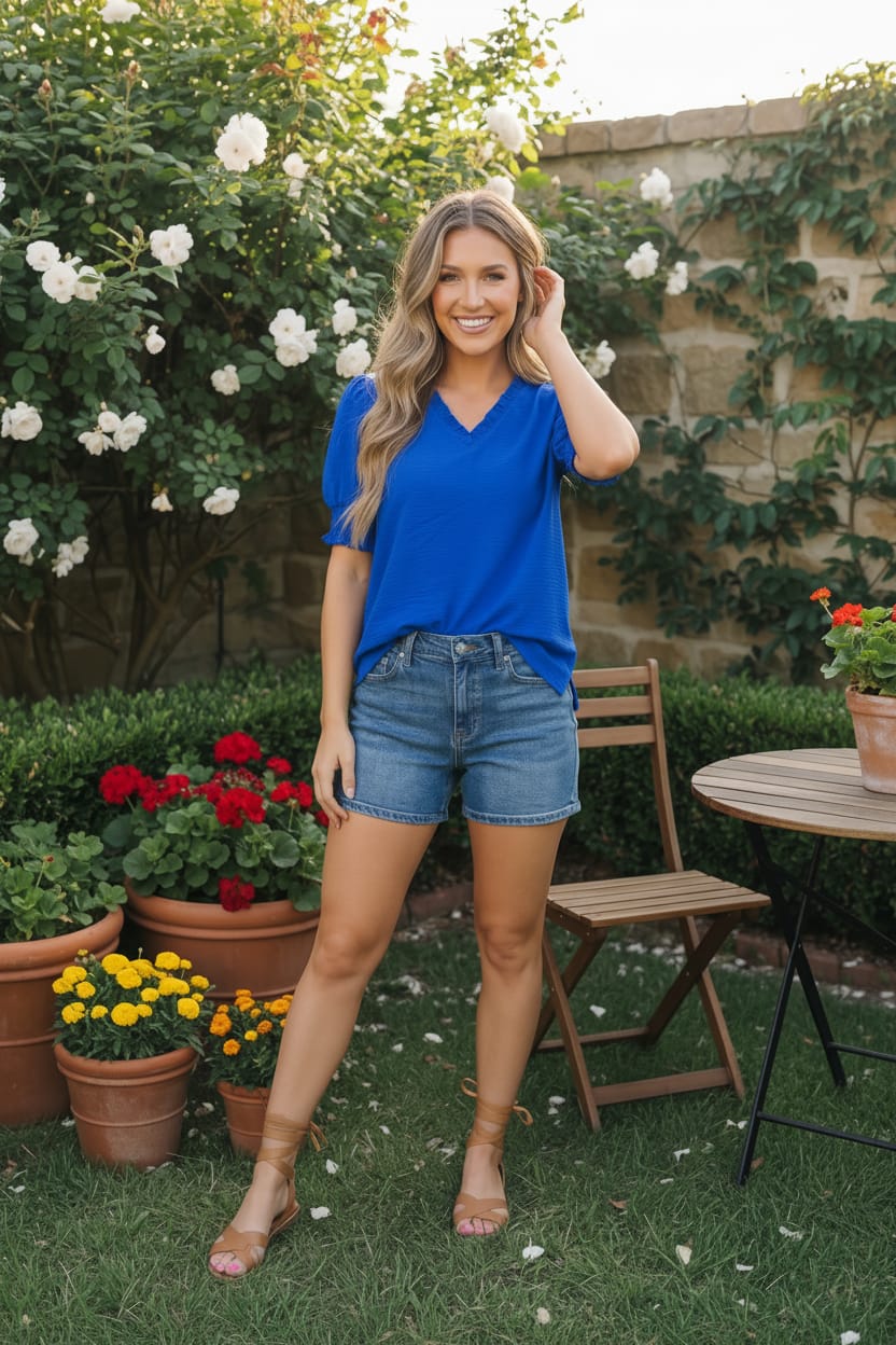 Bright Days Blue V-Neck Puff Sleeve Top
