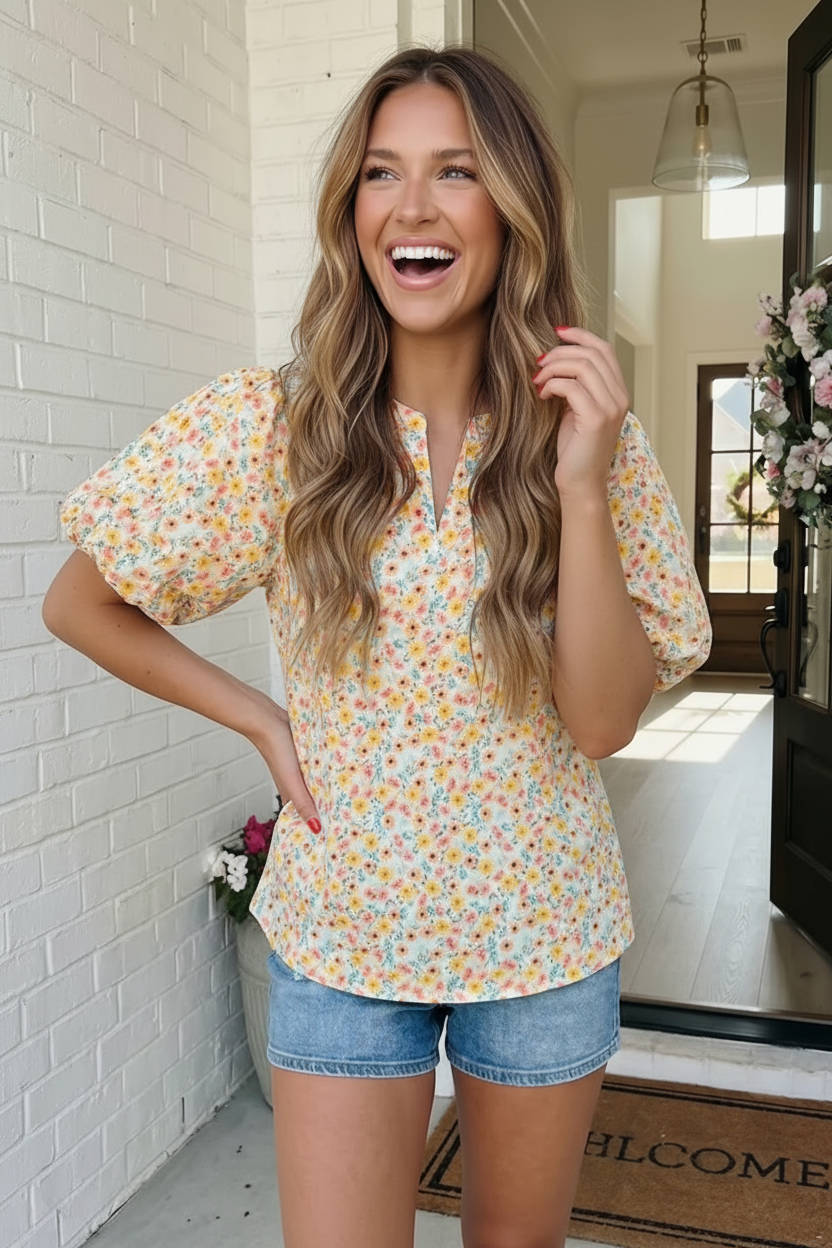 Sunny Garden Floral Puff Sleeve Top