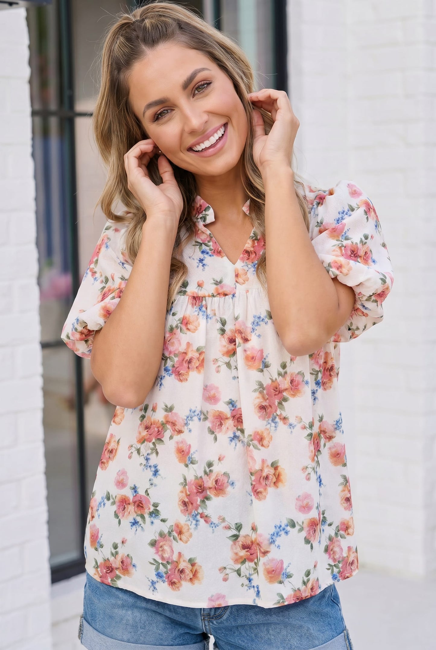 Blooming With Joy Ivory Floral Puff Sleeve Top