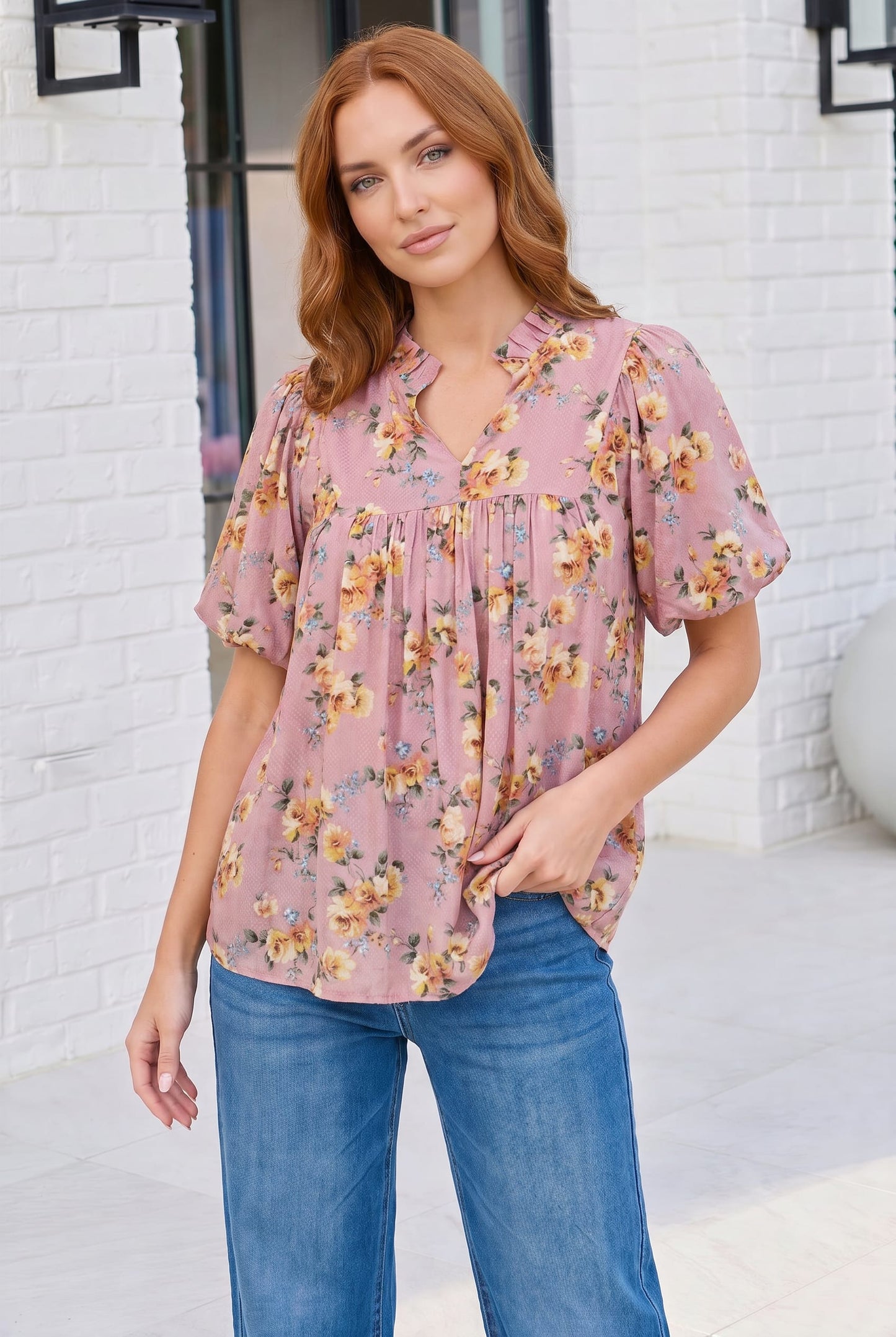 Blooming With Joy Rose Floral Puff Sleeve Top