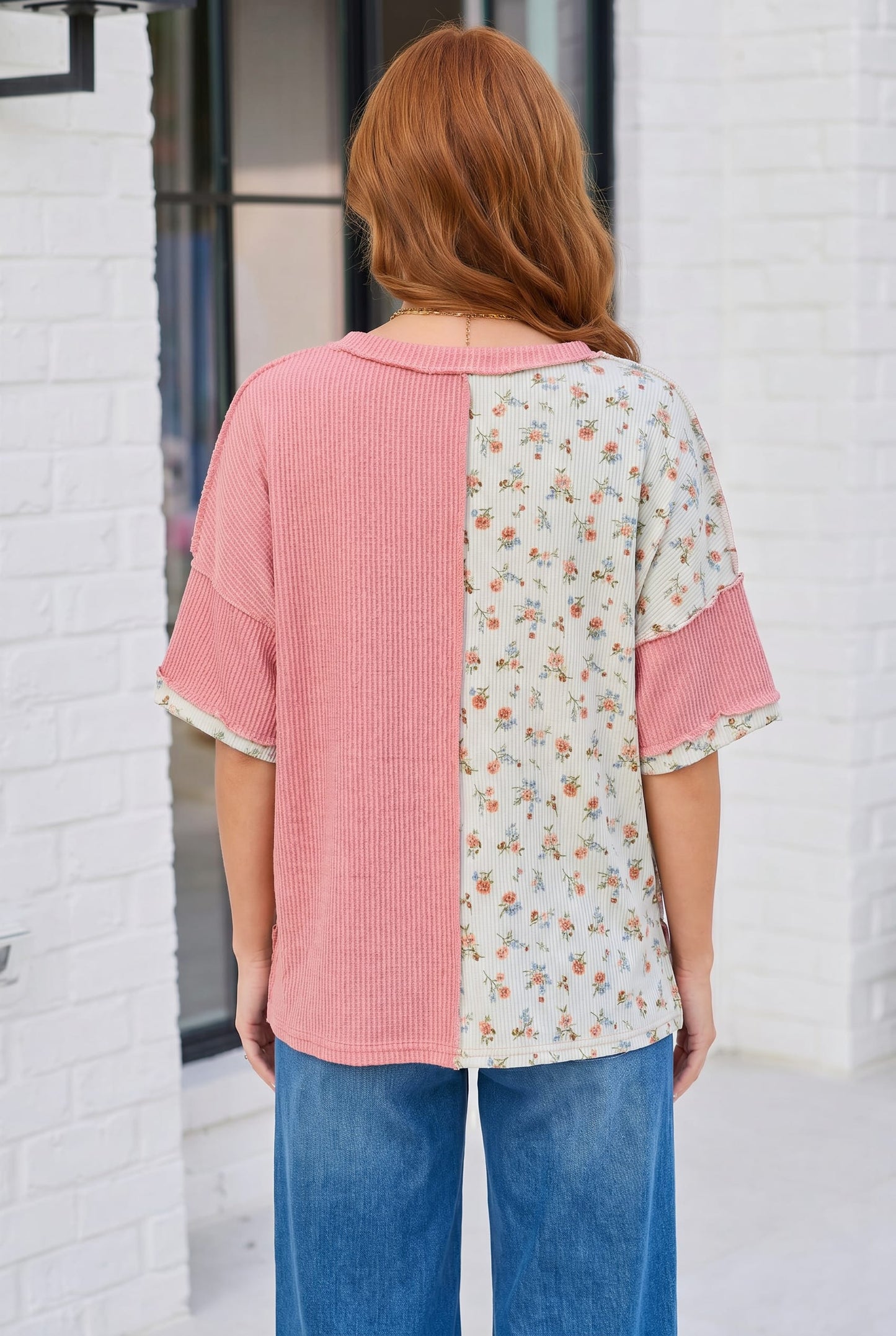 Patchwork Floral Ruffle Top in Pink and Blue