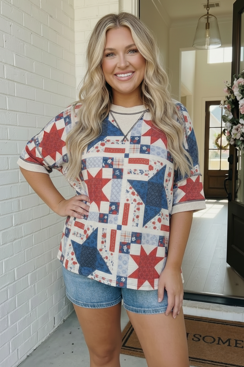 Stars and Patches Quilted Print Top