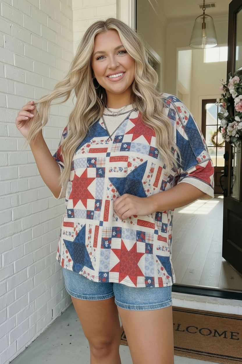 Stars and Patches Quilted Print Top