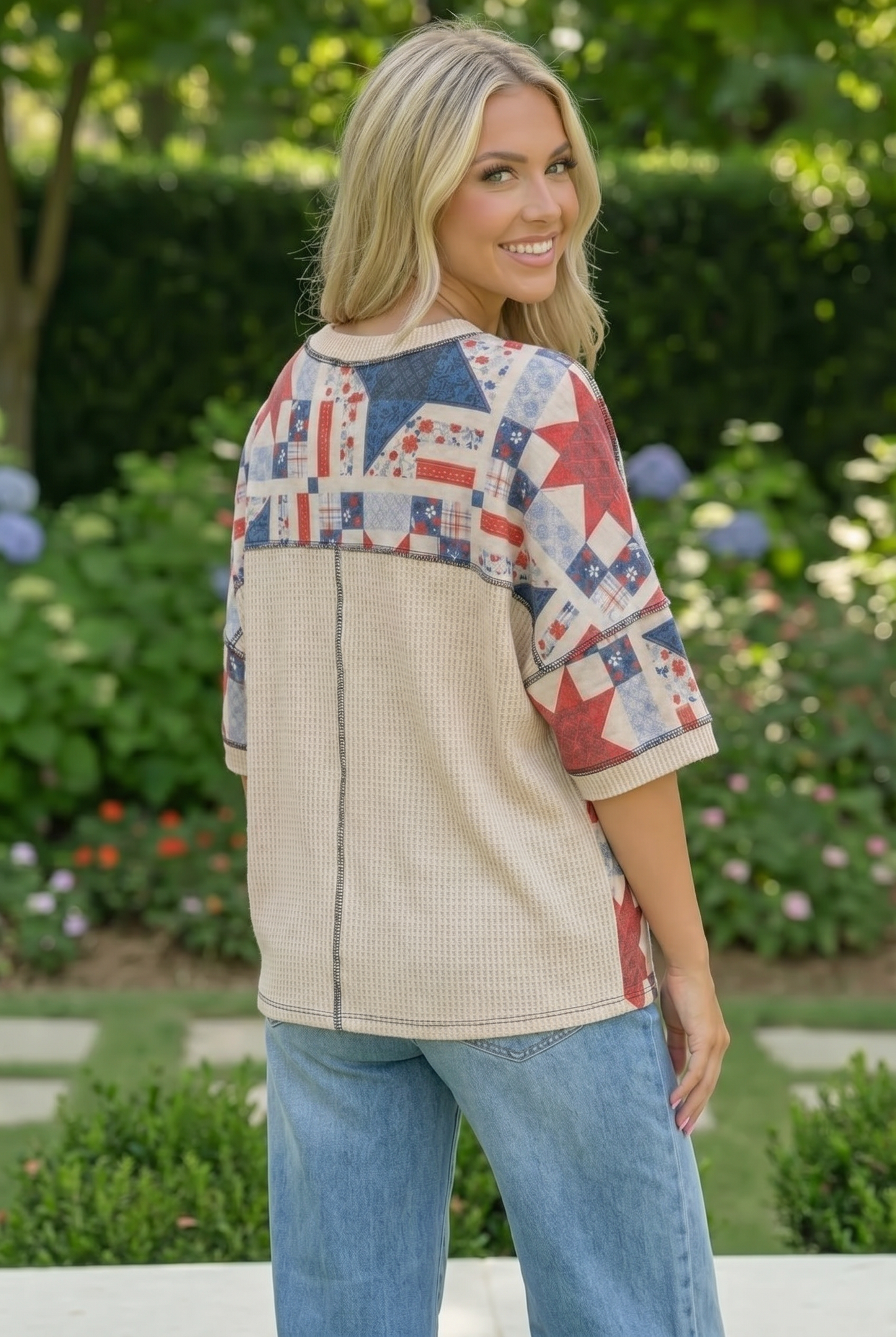 Stars and Patches Quilted Print Top