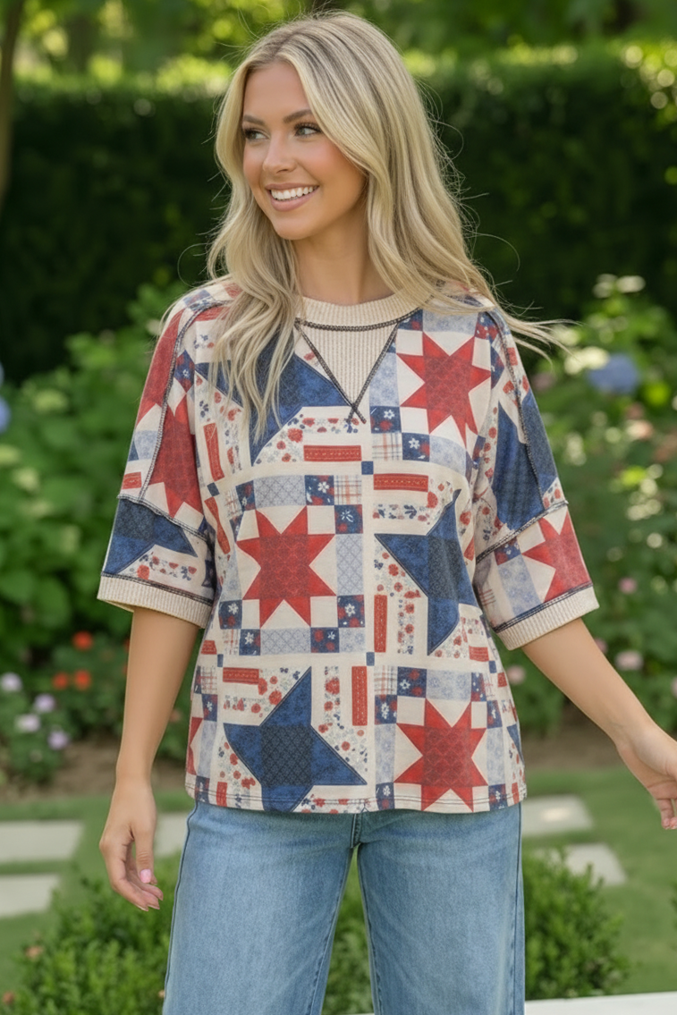 Stars and Patches Quilted Print Top