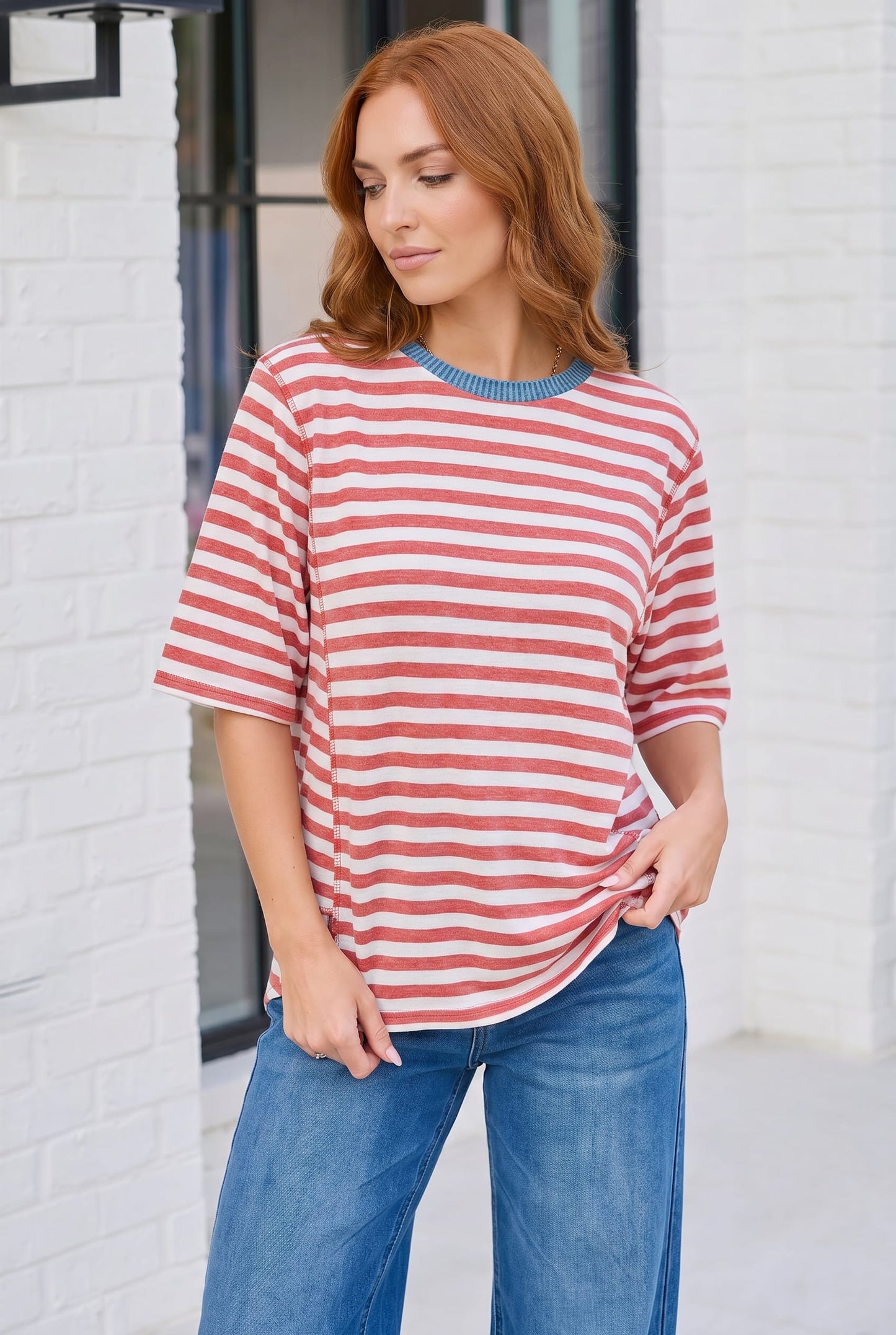 Retro Stripe Oversized Tee with Contrast Ribbed Neck