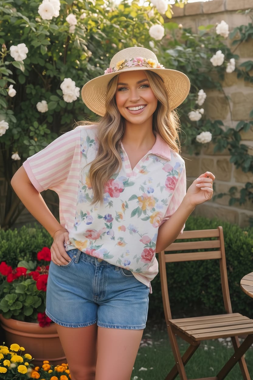 Strawberry Patch Floral and Stripe Mixed Top
