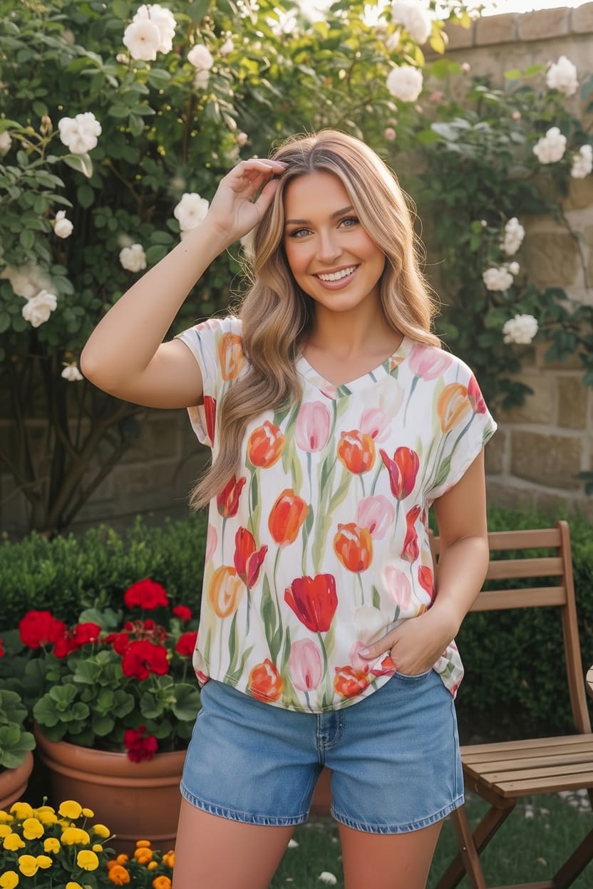 Tulip Garden Floral Print Top